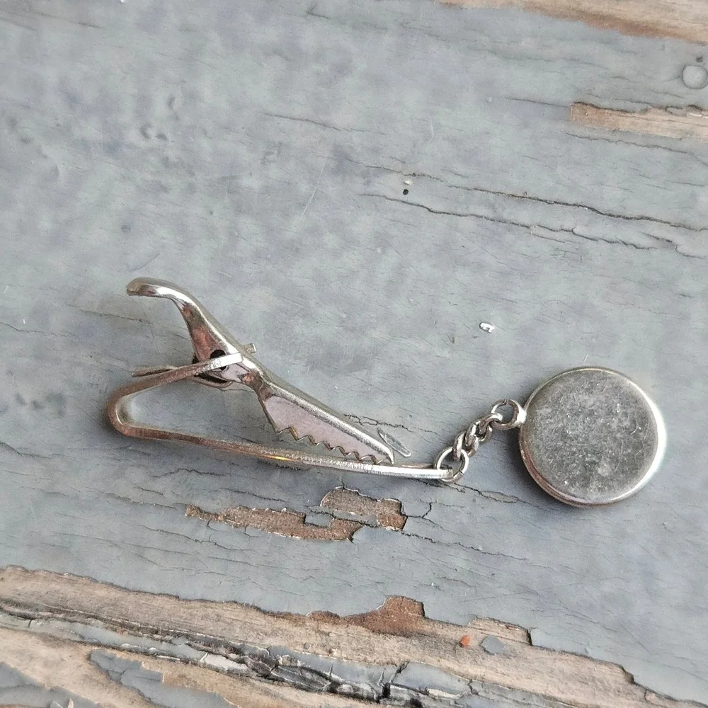 VTG Intaglio Greek Tie Clip Dangle Chain OS Mens Silver Black  Roman Profile EUC